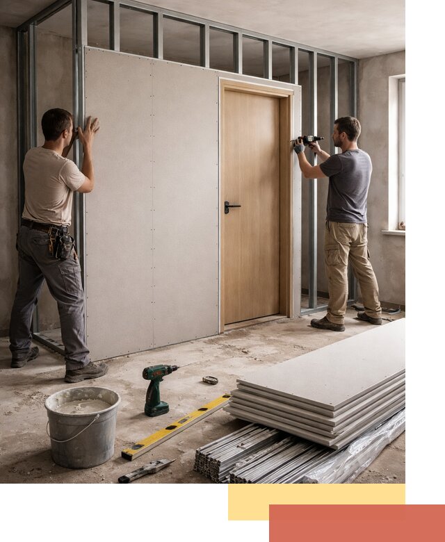 Перегородка из гипсокартона с дверью под ключ в Лобне