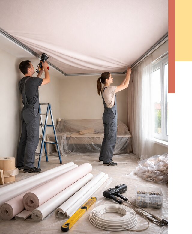 Монтаж цветного натяжного потолка в Лобне от 4337 руб/м² — быстро и недорого | ОТДЕЛОЧНИК-Лбн