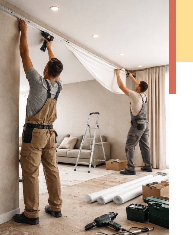 Монтаж натяжного потолка в гостиной в Лобне от 568 руб. | ОТДЕЛОЧНИК-Лбн