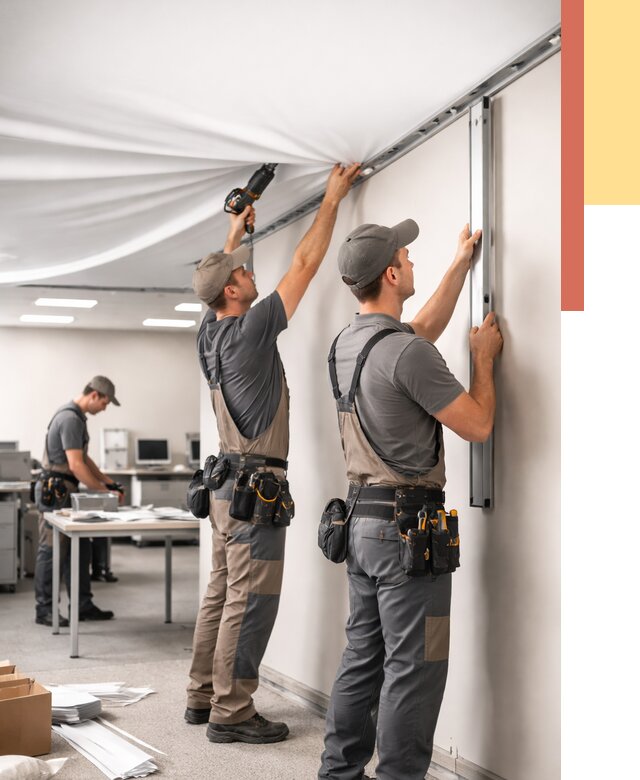 Монтаж натяжного потолка в офисе в Лобне от 465 руб/м² — быстро и недорого | ОТДЕЛОЧНИК-Лбн