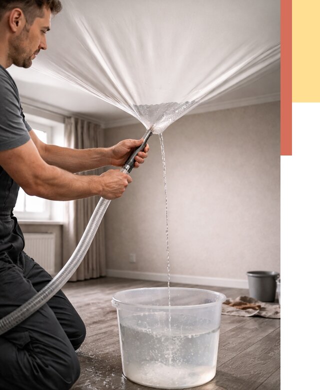 Слив воды с натяжного потолка в Лобне от 2582 руб. быстро и недорого | ОТДЕЛОЧНИК-Лбн