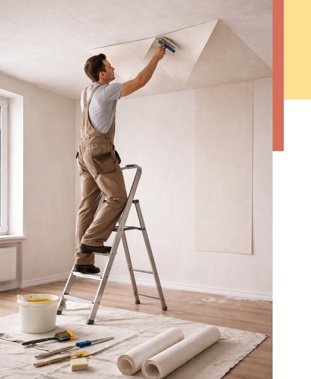 Поклейка обоев на потолок в Лобне от 4647 руб. быстро и недорого | ОТДЕЛОЧНИК-Лбн